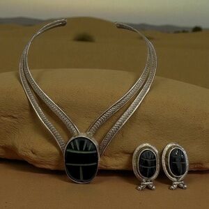 Vintage Signed Mexican Artisan IXEL Silver & Black Onyx Choker & Clip Earrings